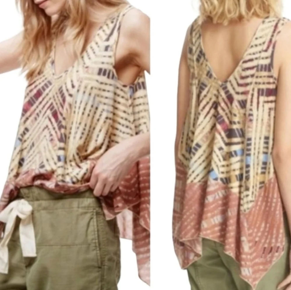 Free People Day Dreamers Tank Top VNeck Faux Batik Print Handkerchief Hem XS NWT - Picture 15 of 15